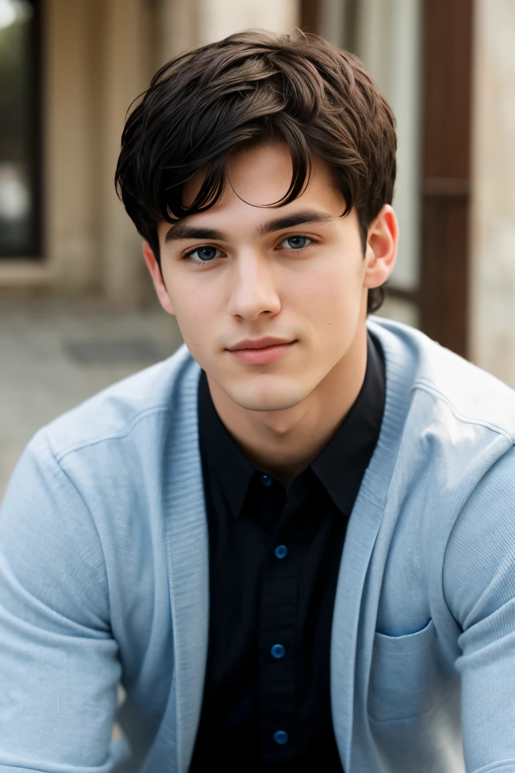 A handsome young adult in his 20s with short black hair, blue eyes and short