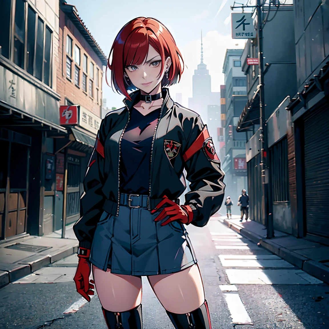 in the art style of persona5 and in the art style of street of rage 4, delinquent, (sukeban), mature_female, blush, mature, older woman, 25 years old, Sukeban teacher outfit, (1girl, solo female, solo, solo focus)++++, choker, sukeban teacher, sukeban fighter, long_sleeves, open jacket, blue jacket,( jean)+++, light skin tone female, (full body)+++++, jacket, biker jacket, tape, arm_support, gloves, red_gloves, bridal gauntlets, nail polish, boots, black_footwear, fighter outfit, full body, hourglass, mature face, cheeky smile, cheeky face, wrinkles, (red hair, short hair, bob cut, earrings, ear piercings), red eyeighting art, Martial arts, standing, fighting_stance, fight, fighting), extra colors, 2D, megapixel, perfectionism, accent lighting, full HD , (Masterpiece:1.2), (full-body-shot:1),(cowboy shot:1.2), (Highly detailed:1.2),(anime Detailed Face:1.2), Colorful, A detailed eye, (Detailed landscape:1.2), (natural lighting:1.2), ((sukeban school teacher)) by Vincent Di Fate: Aidyllery, Anamorphic Shot, rule of thirds, face by Artgerm and WLOP,