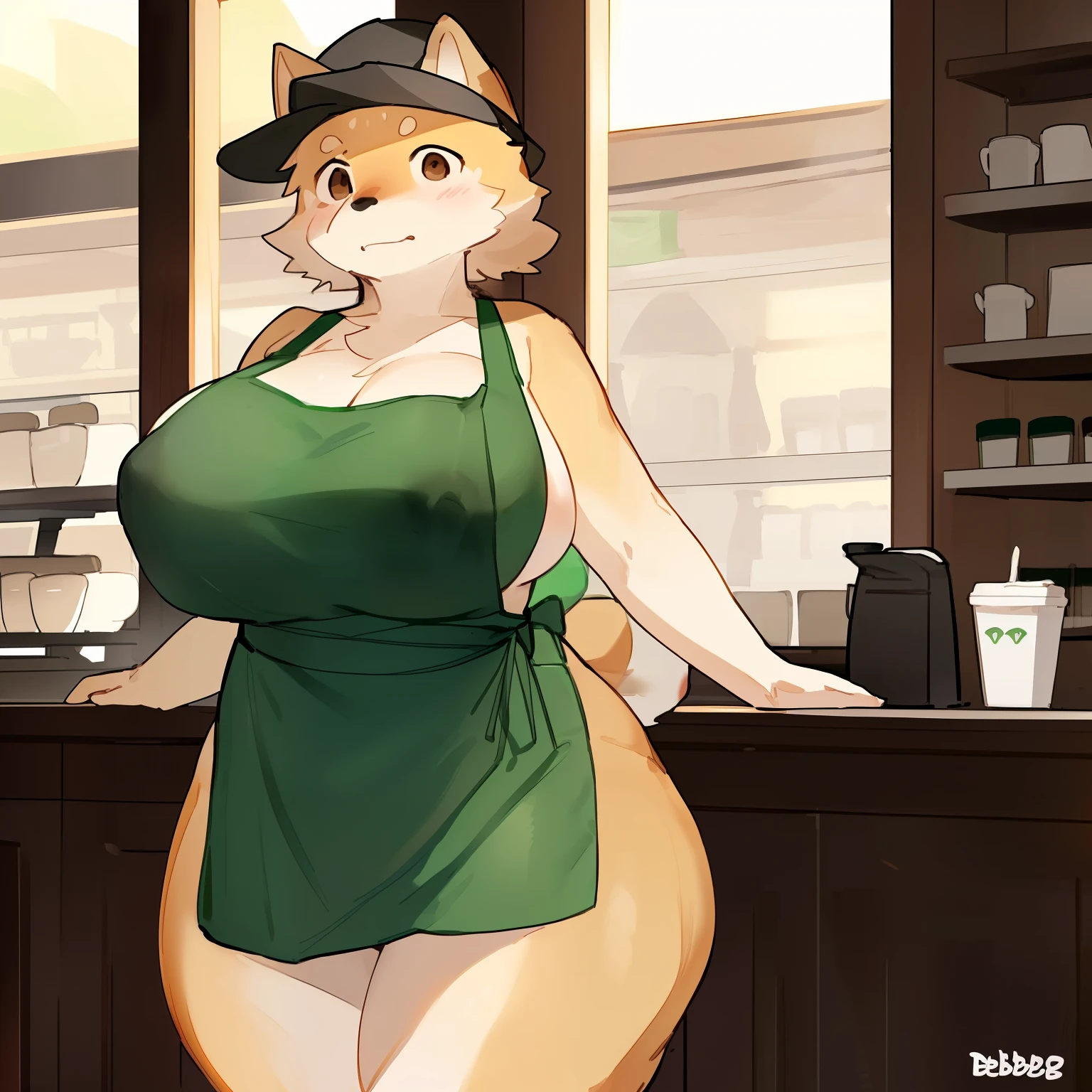 Solo, female, (((by bebebebebe))), standing, shiba inu, brown eye, huge breasts, in a cafe, day, dramatic lighting, (((only wearing a green apron and a black cap))), ((nipple outline)), wide hips, thicc, starbucks, ((thicc thighs)), (((very very horny))), barista, embarrassed, barely standing,