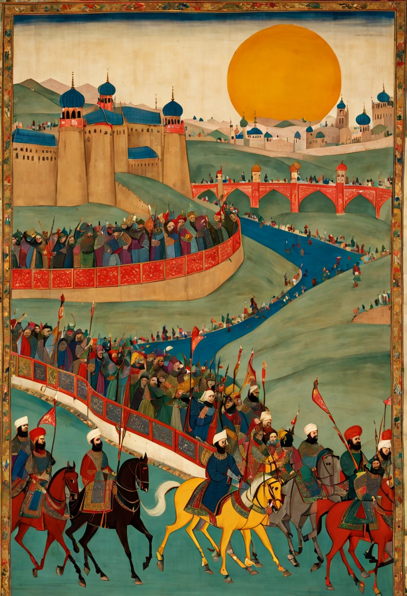 A long horizontal New Year's scroll painting in medieval Persian style showing a royal procession on horseback traveling to the palace for Nowruz celebrations. Soldiers carrying banners lead the Shah and his entourage over a bridge decorated with lanterns towards the rising sun.