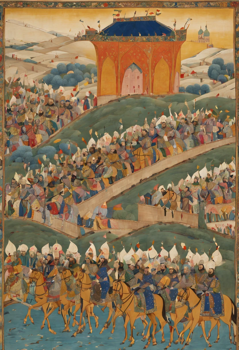 A long horizontal New Year's scroll painting in medieval Persian style showing a royal procession on horseback traveling to the palace for Nowruz celebrations. Soldiers carrying banners lead the Shah and his entourage over a bridge decorated with lanterns towards the rising sun.