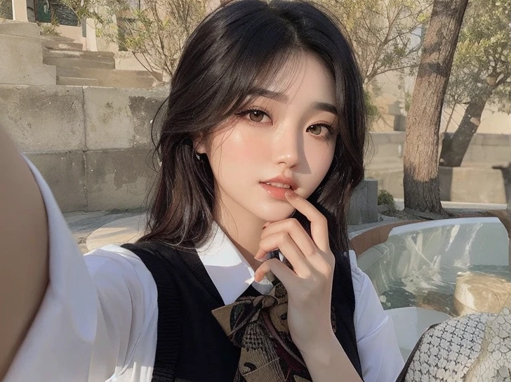 there is a woman taking a selfie with her cell phone, Jinyoung Canela, Ulzzang, menina coreana, beautiful south Mulher coreana, Jaeyeon Nam, foto de perfil headshot, wan adorable korean face, Sakimichan, com cabelos curtos, Heonhwa Choe, tzuyu de duas vezes, beautiful young Mulher coreana, Mulher coreana, com franja