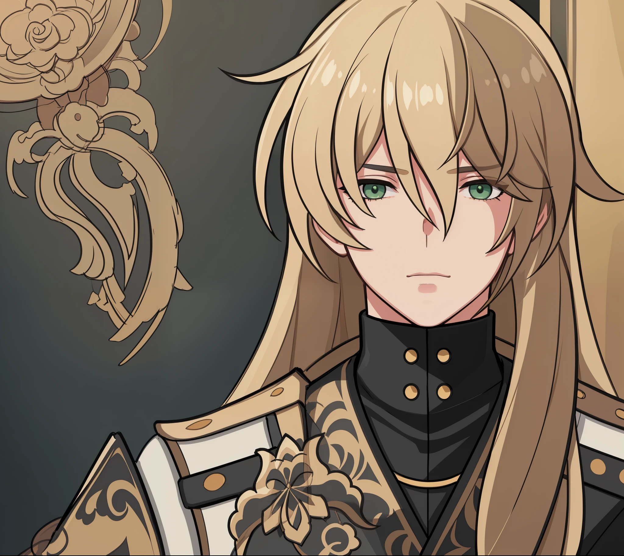 anime boy, sad, melancholic expression, blonde hair, green eyes, black coat, gold ornametns, a drawing of a man in a coat, 1boy, masterpiece, (beautiful and aesthetic:1. 5), thick black lineart, clean lineart, perfect lineart, variable lineart, thick lineart, clean anime outlines, intense line art, bold lineart, sharp lineart, heavy lineart, line art, best quality, high quality, high details, super detail, anatomically correct, best quality, ultra-detailed, colourful, saturated colours, dynamic lighting, HD,