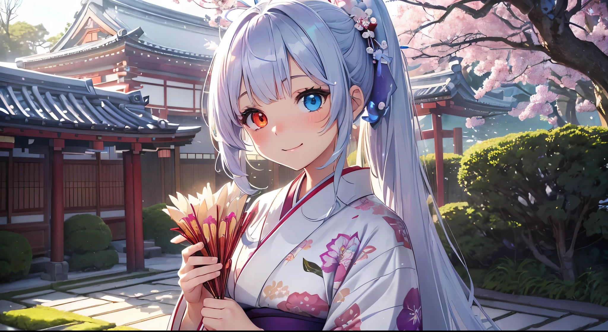 Highest quality、Photorealsitic、The ultra-detailliert、delicate、orderly、high détails、bluish-silver ponytail、(Drooping heterochromia iris:1.4)、Gamine、10yaers old、embarrassed from、a smile、A slender、fullllbody、blured background、(1 girl in:1.2)、GameCG、dynamic ungle、(Bioluminescent hair、radiant eyes:1.2)、ambient occlusion、ambient lights、ray trace reflection、Glow、glowing aura、Radiant hair、(Japanese new year、kimono,floral printed kimono,Red and white kimono、Japanese garden scenery、Plum Blossom、Winter sunshine、A girl smiling outdoors during the day:1.3)
