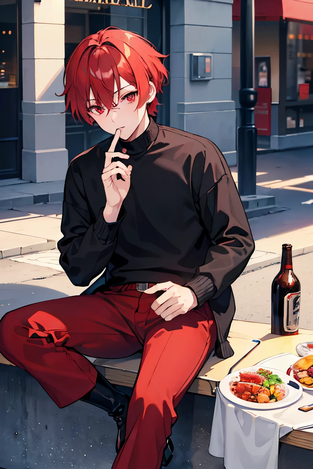 male people red short hair red eyes muffler Sweaters slacks Street ;let's sit down and have a feast boots masterpiece Top image quality denoise Clear cinematic shadow Increased attractiveness of the eyes Clear the shine of the eyes Draw eyelashes neatly Perfect Eye A detailed eye Sharpen image quality Sharpen eye writing Clear eye shape