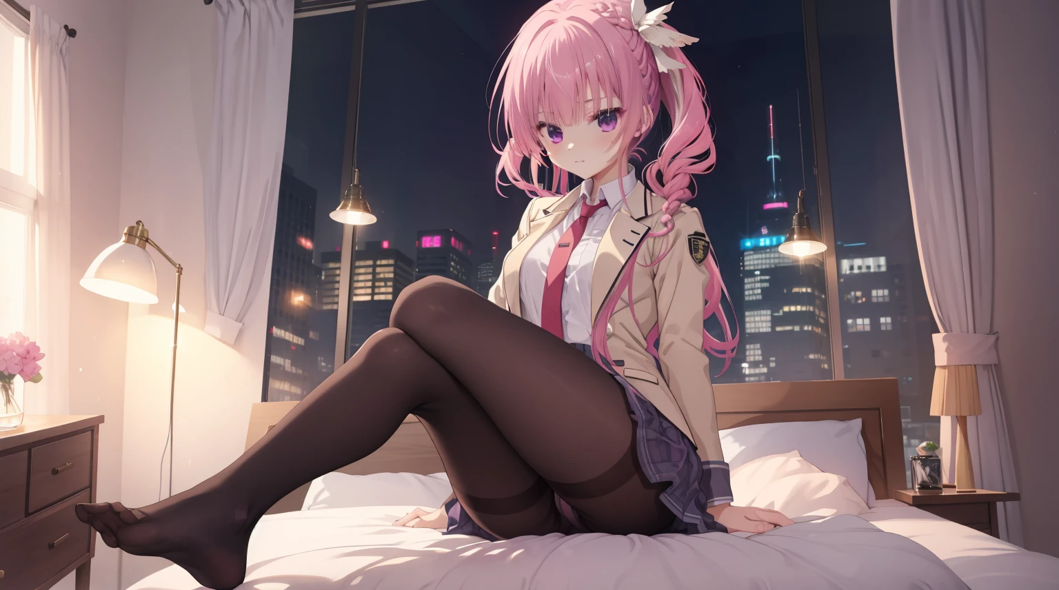 1girl, solo, A pink-haired,Medium-hair long,dishiveredhair,Black underwear,Purple-pink eyes,the night,Glass windows, In the bedroom,Digital punk, Anime style 4k, backdrop,black pantyhoses,mitsukasa ayase, kikka academy uniform, pantyhose, highres, absurdres,Beige top,red necktie、Character-centric