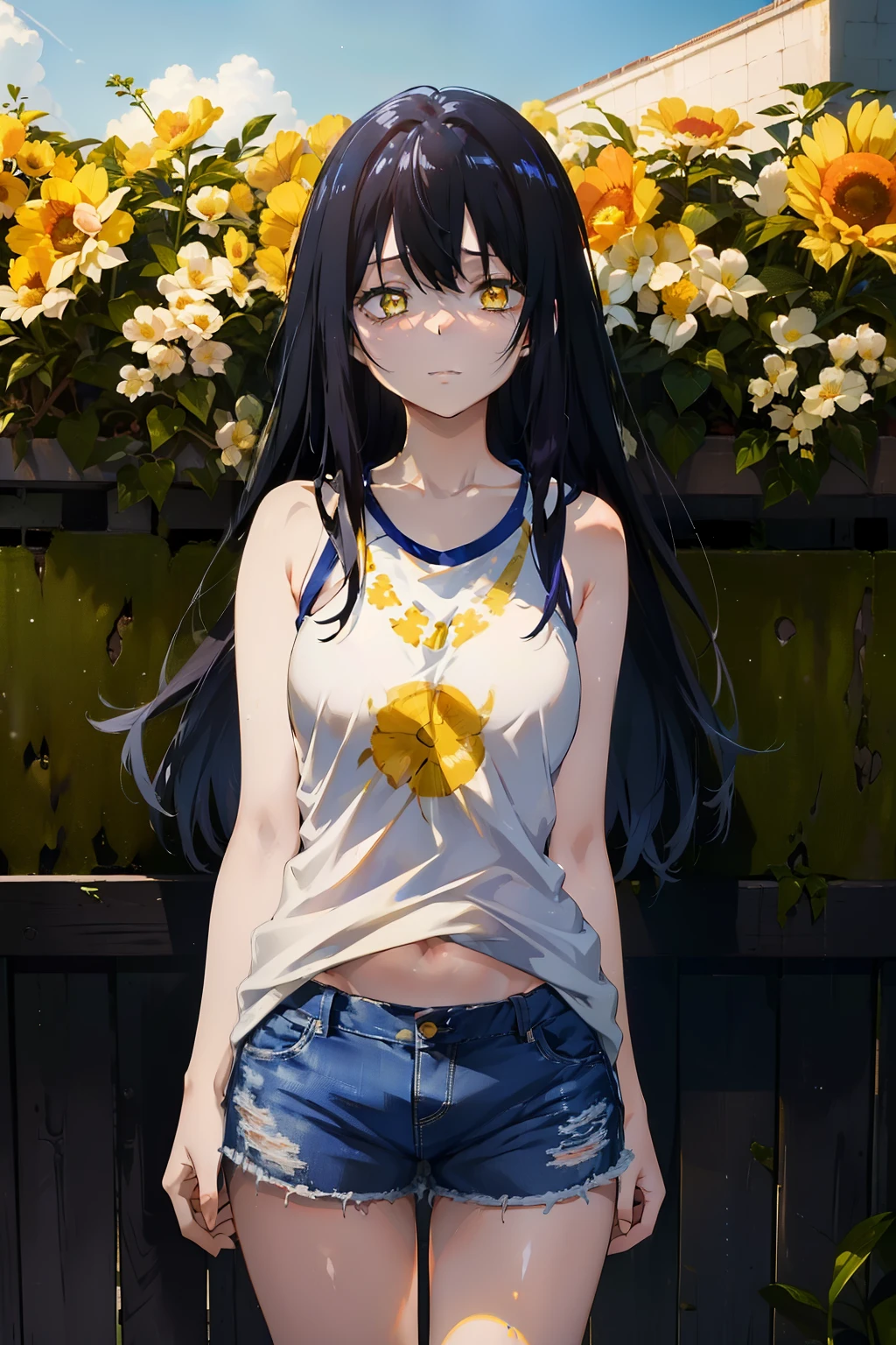 ((((Obra maestra, La mejor calidad, ultrahigh resolution)))), 1girl, standing, (baggy white t-shirt, loose fitting blue shorts, back hair, dark black hair over eye)), long hair cut, pale skin, (((yellow eyes))), glowing_eyes, neon eyes, (ultra detailed eyes:0.7, beautiful and detailed face, detailed eyes:0.9), ((centered)), smile, ((wide shot)), facing viewer, (((vibrant background of outside, flowers, bright lighting, summer, sunlight))), flat chested, ((looking at viewer)), ((half closed eyes)), ((perfect hands)), ((head:1, hips, elbows, arms, in view)), ((hands behind back)), empty eyes, beautiful lighting, defined subject, 25 years old, ((cool looking)), ((from above, wide shot))