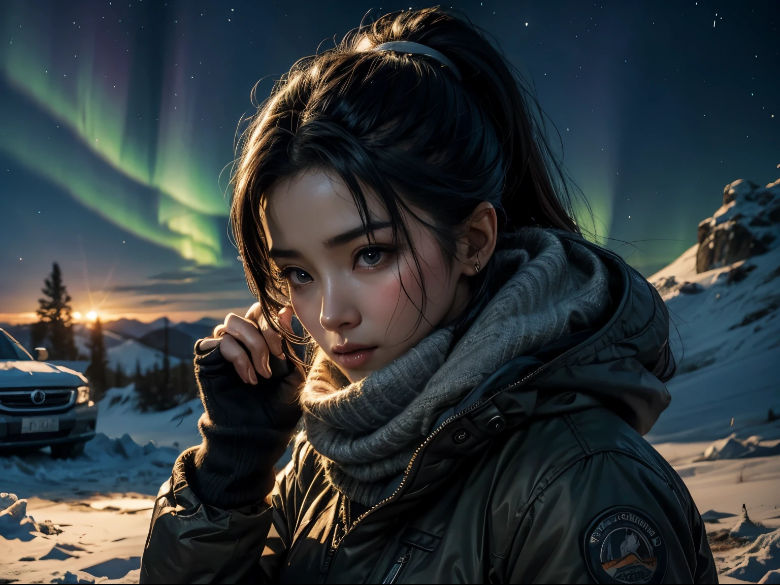 Photorealistic, book cover mockup, dramatic lighting, close-up of 'Li Bingbing' on right hand side, goretex jacket, jumper, keffiyeh, black hair in ponytail, fierce frowning expression, holding small handgun, snow drifts, snowing, blizzard, ruined town under a layer of deep snow, blood trail, night-time, aurora borealis