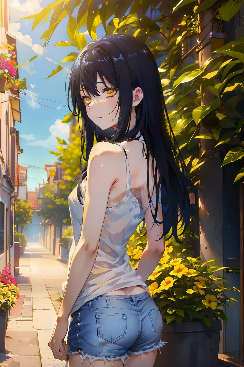 ((((Obra maestra, La mejor calidad, ultrahigh resolution)))), 1girl, standing, (baggy white t-shirt, loose fitting blue shorts, back hair, dark black hair over eye)), long hair cut, pale skin, (((yellow eyes))), glowing_eyes, neon eyes, (ultra detailed eyes:0.7, beautiful and detailed face, detailed eyes:0.9), ((centered)), smile, ((wide shot)), facing viewer, (((vibrant background of outside, flowers, bright lighting, summer, sunlight))), flat chested, ((looking at viewer)), ((half closed eyes)), ((perfect hands)), ((head:1, hips, elbows, arms, in view)), ((hands behind back)), empty eyes, beautiful lighting, defined subject, 25 years old, ((cool looking)), ((from above, wide shot))