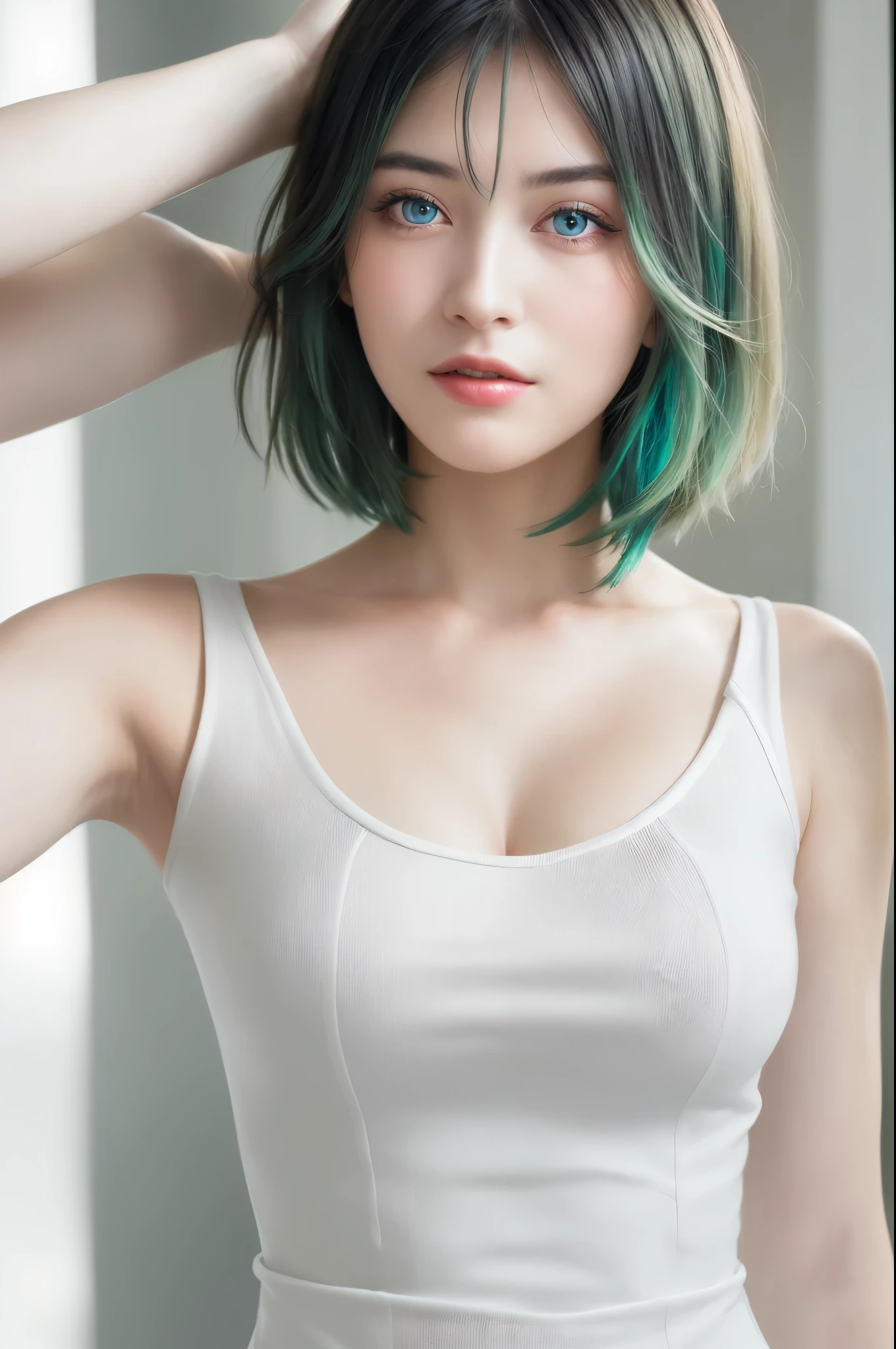 dress by Chanel, (fotorealistisch:1.4), (hyperrealistisch:1.4), (realistisch:1.3), (more uniform illumination: 1,05), (Improvement of cinematic lighting quality:0,9), 32K, 1girl, 20yo girl, realistische beleuchtung, hintergrundbeleuchtung, licht auf gesicht, raytrace, (aufhellendes licht: 1.2), (Increase quality: 1.4), (Best Quality Real Texture Skin: 1,4), fein detaillierte augen, fein detailliertes gesicht, Fine quality eyes, (tired and sleepy and satisfied:0,0), Nahaufnahme des Gesichts, T-Shirts, (Increase the mood of the body line: 1,1), (Increase the beauty of skin texture: 1,1), green eye color, blue green hair, curly hair, sexy look, full body shot
