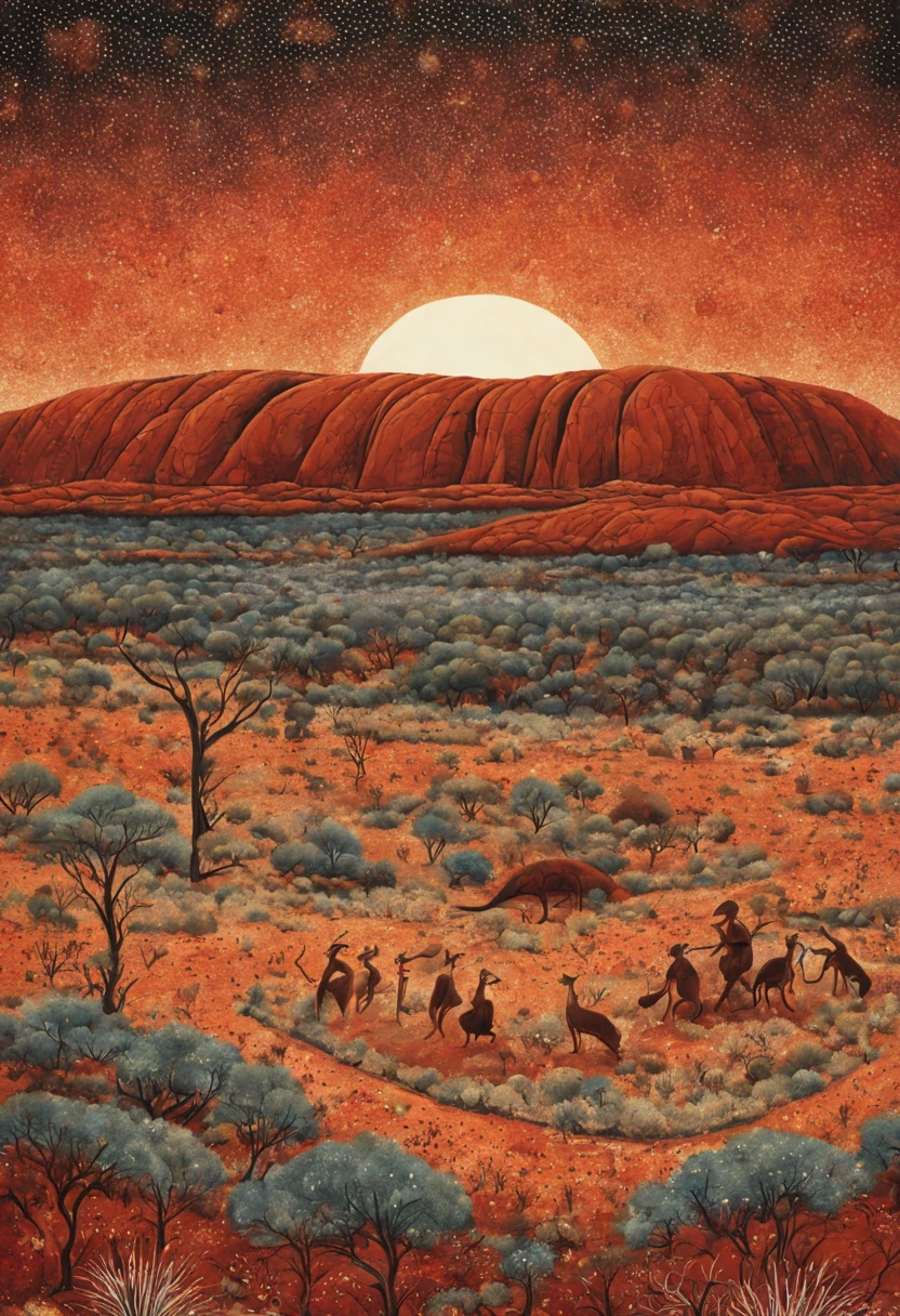 A vertical New Year's scroll painting in Aboriginal dot art style depicting Uluru and the surrounding red desert landscape. Campfires burning under the stars where Indigenous people are singing and dancing to welcome the new year. Kangaroos grazing nearby and spirits rising from the earth.