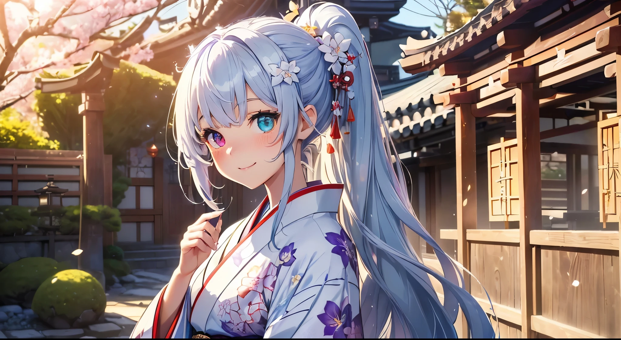 Highest quality、Photorealsitic、The ultra-detailliert、delicate、orderly、high détails、bluish-silver ponytail、(Drooping heterochromia iris:1.4)、Gamine、10yaers old、embarrassed from、a smile、A slender、fullllbody、blured background、(1 girl in:1.2)、GameCG、dynamic ungle、(Bioluminescent hair、radiant eyes:1.2)、ambient occlusion、ambient lights、ray trace reflection、Glow、glowing aura、Radiant hair、(Japanese new year、kimono,floral printed kimono,Red and white kimono、Japanese garden scenery、Plum Blossom、Winter sunshine、A girl smiling outdoors during the day:1.3)