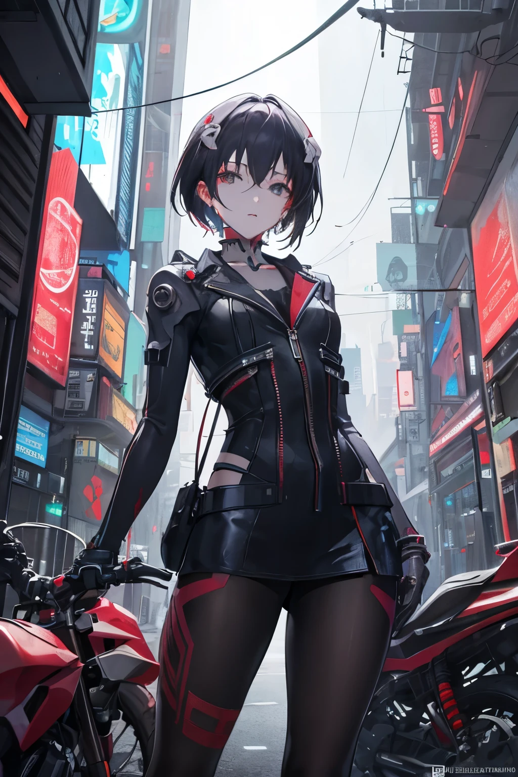 masterpiece,best quality,ultra-detailed,very detailed illustrations,extremely detailed,intricate details,highres,super complex details,extremely detailed 8k cg wallpaper,cowboy shot, caustics,reflection,ray tracing,demontheme,nebula,dark aura,cyber effect,solo,alone,mecha musume,mechanical parts, 8k, best quality, ultra high res, high quality,cyberpunk style, wearing round glasses, sci-fi, anime vampire boy,red white Black mixed hair, half red half purple eye color both eyes, wearing round glasses, silver cross necklace, black rings, fangs, smile, wearing a big cybercoatwith different lighting in it , long big cybernetic scythe, outside nightclub on Japanese street, cybergothic, wearing round glasses