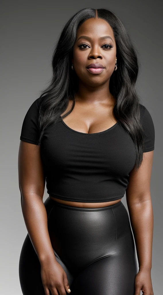 there is a woman with black hair and a black shirt and pink leggings, amber riley-natari naughton-oprah winfrey-alfre woodard-donna summer-loretta devine-nika king-gabby douglas-lolly adefope-tyra banks-viola davis-danai gurira-lawrence gilliard jr merged, entire body visible, full body, hyperrealistic, best quality, 8K, real human skin, masterpiece, extremely intricate, medium closeup, detailed eyes, detailed face, detailed body, exaggerated features, pronounced features