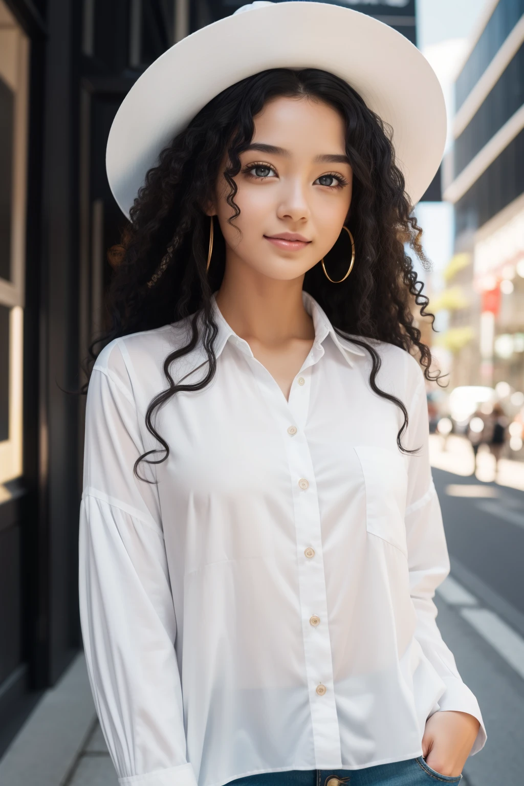 hight resolution, Masterpiece,topquality, Ultra Detailed, (詳細な目), (Detailed Face), 1girl,illustartion, black hair, Cyan eyes, 極端なディテール,soft-lighting, High contrast, Colorful,chamber_idol, ( cute black curly hair:1.2),(Happy:1.2),looking a viewer,(white shirt:1.3),(Little Hat:1.2)