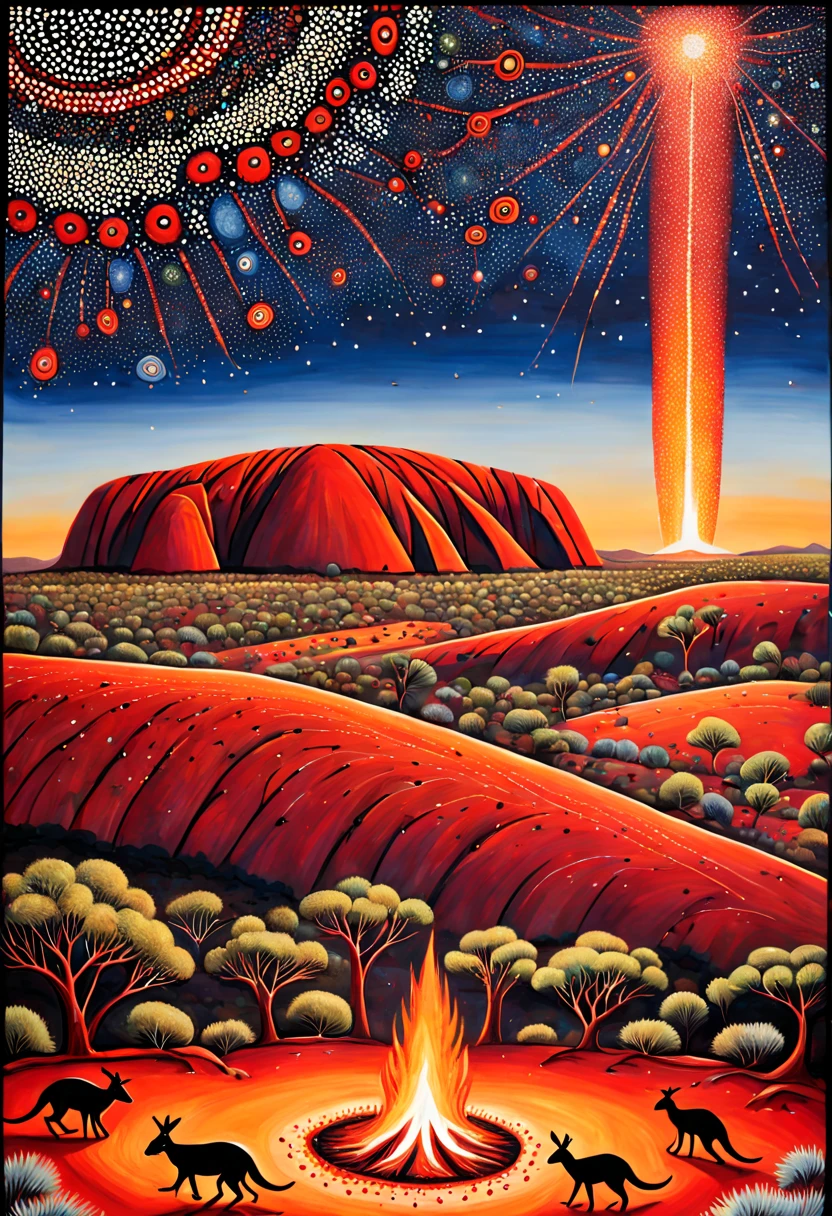 A vertical New Year's scroll painting in Aboriginal dot art style depicting Uluru and the surrounding red desert landscape. Campfires burning under the stars where Indigenous people are singing and dancing to welcome the new year. Kangaroos grazing nearby and spirits rising from the earth.