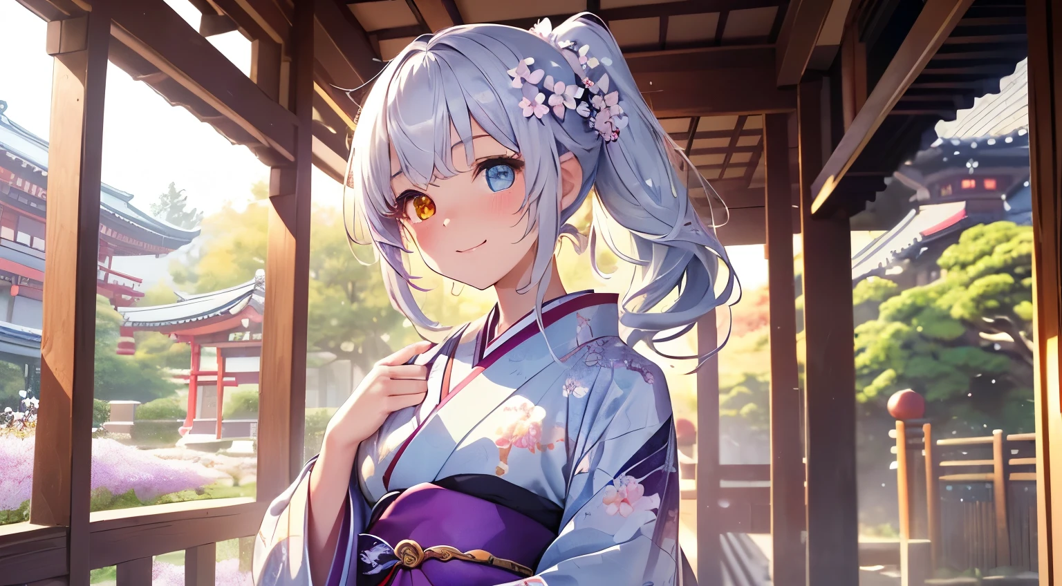 Highest quality、Photorealsitic、The ultra-detailliert、delicate、orderly、high détails、bluish-silver ponytail、(Drooping heterochromia iris:1.4)、Gamine、10yaers old、embarrassed from、a smile、A slender、fullllbody、blured background、(1 girl in:1.2)、GameCG、dynamic ungle、(Bioluminescent hair、radiant eyes:1.2)、ambient occlusion、ambient lights、ray trace reflection、Glow、glowing aura、Radiant hair、(Japanese new year、kimono,floral printed kimono,Red and white kimono、Japanese garden scenery、Plum Blossom、Winter sunshine、A girl smiling outdoors during the day:1.3)