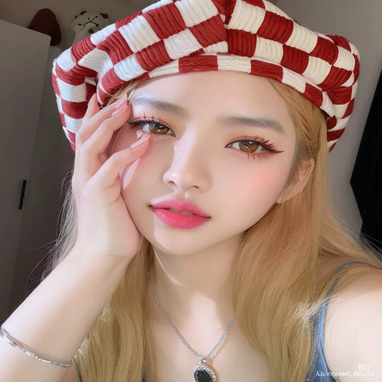 araffe girl with a red and white hat and a necklace, Ulzzang, Lalisa Manobal, wan adorable korean face, Parque Roseanne do Blackpink, linda Delphine, maquiagem sul-coreana popular, beautiful aesthetic face, maquiagem coreana popular, Jaeyeon Nam, Jinyoung Canela, imagem vazada, Fotografia selfie 8k, jossi do blackpink