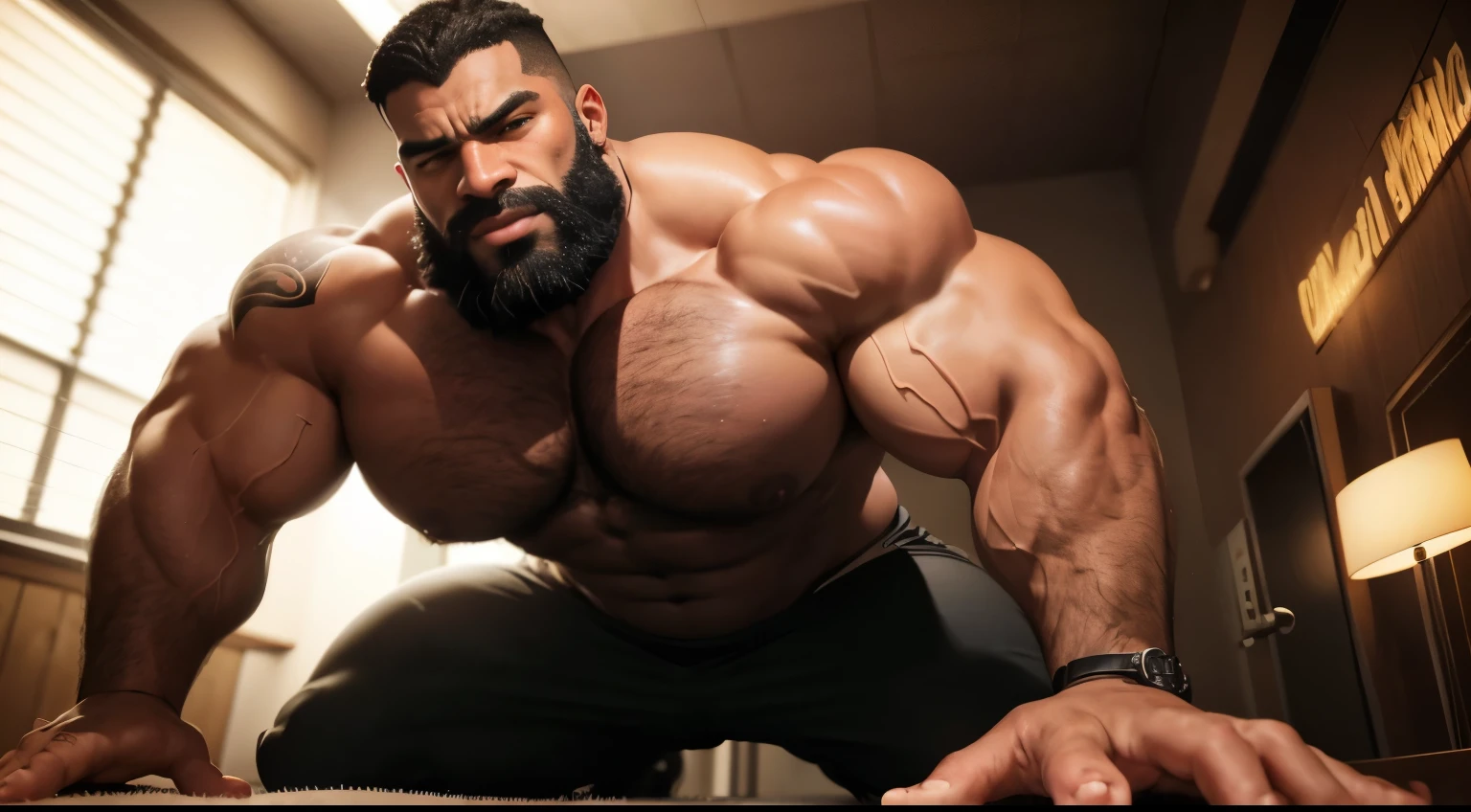 Giant black man, angry, angry expression, evil smile, angry face, evil face, bad guy, evil man, absurdly huge bulge, giant growing more and more, giantic, colossal, muscle domination, macrophilia, sexy, briefs, stubble, broad shoulders, thick lips, vascular, ((very dark skin)), (black skin), very sweaty, huge belly, thick thighs, very thick arms, large , smirk, tattoo, thug, blushing, veiny hands, photorealistic, anger, beard, looking at viewer, from below, steaming body, sweaty body, on all fours