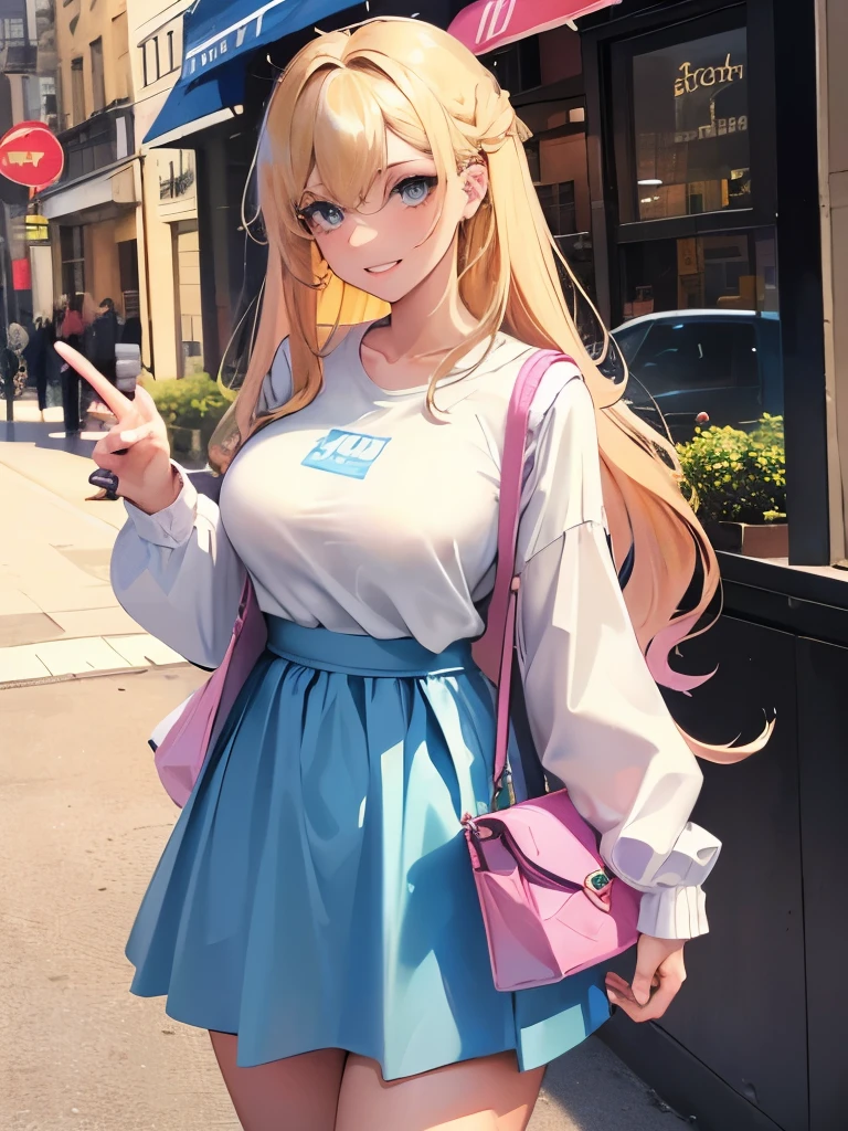 Girl, , woman, tall, light skin, blue eyes, blonde hair, preppy, city, night time, bright colours, pastel colours, straight hair, pink, yellow, blue, casual, lounging, curvy, flirty, confident, friendly, grinning, dress, skirt, ruffle, long hair, loose clothing, cozy clothing