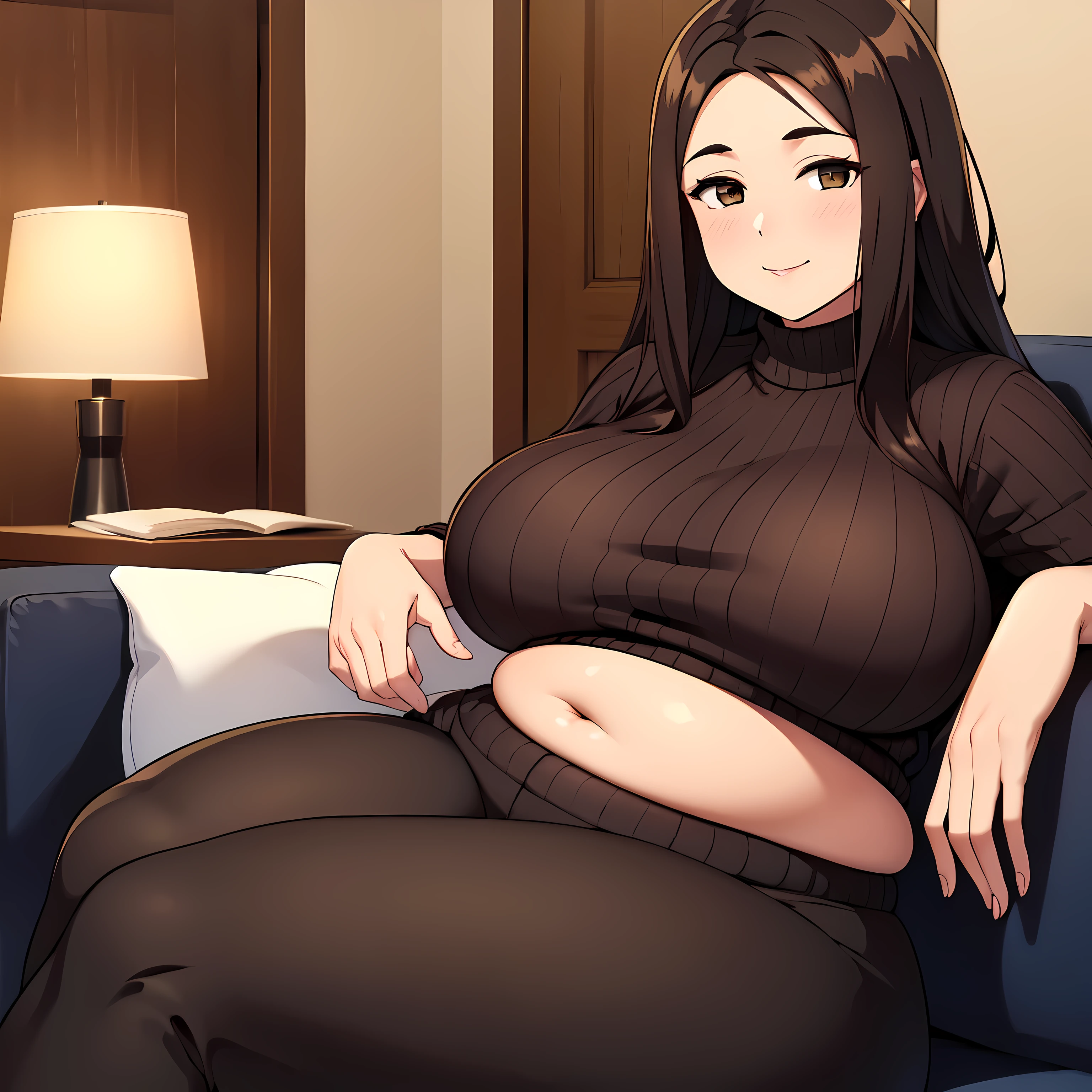 chubby and meaty milf , waist length silky dark hair , big belly, sweater and sweatpants, soft smile, maternal and caring look, Cute, cozy homely atmosphere, sitting on a soft chair