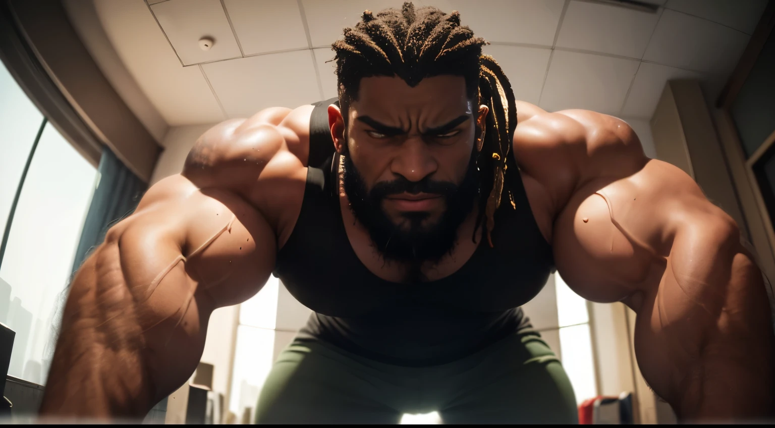 Giant black man, absurdly huge bulge, giant growing more and more, giantic, colossal, muscle domination, macrophilia, briefs, stubble, broad shoulders, thick lips, vascular, ((very dark skin)), (black skin), very sweaty, huge belly, thick thighs, very thick arms, large , smirk, tattoo, thug, blushing, veiny hands, photorealistic, anger, dreadlocks, short beard, looking at viewer, from below, steaming body, sweaty body , steam, on all fours on city, angry, angry expression, evil smile