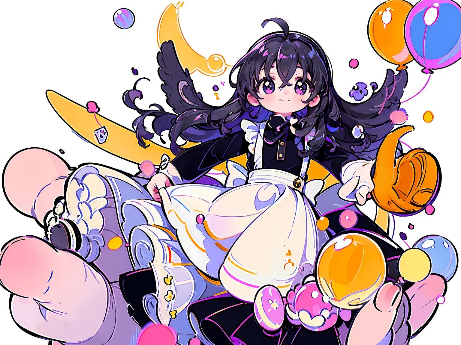 masutepiece, Best Quality, 1girl in, baloons, Black hair, hair between eye, Long hair, Ahoge, (hair messy:0.7), sideburns, tareme, Purple eyes, Holding,  Dress, Looking at Viewer, Holding baloons, White background, Wings, Bangs, Long sleeves, Simple background, Apron, Smile,