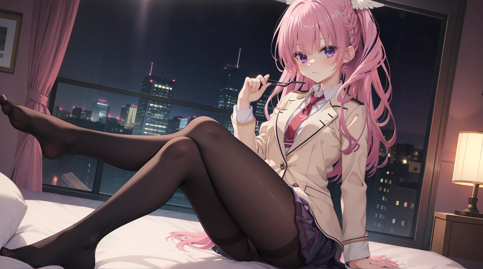 1girl, solo, A pink-haired,Medium-hair long,dishiveredhair,Black underwear,Purple-pink eyes,the night,Glass windows, In the bedroom,Digital punk, Anime style 4k, backdrop,black pantyhoses,mitsukasa ayase, kikka academy uniform, pantyhose, highres, absurdres,Beige top,red necktie、Character-centric