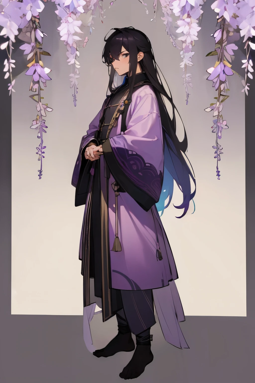 ((three sided view,full body, background,multiple views,highres)) masterpiece, best quality,8k, perfect face, expressive eyes, 1male, layers, eastern dragon, muted colors, wisteria-themed, pastel purple, blacks, long messy hair, tan skin, asian clothes, intricate design, male focus, solo, adoptable character