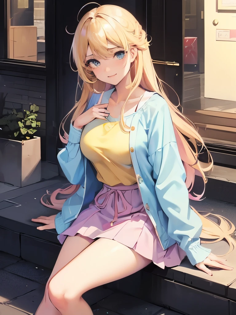 Girl, , woman, tall, light skin, blue eyes, blonde hair, preppy, city, night time, bright colours, pastel colours, straight hair, pink, yellow, blue, casual, lounging, curvy, flirty, confident, friendly, grinning, dress, skirt, ruffle, long hair, loose clothing, cozy clothing, cute, beautiful