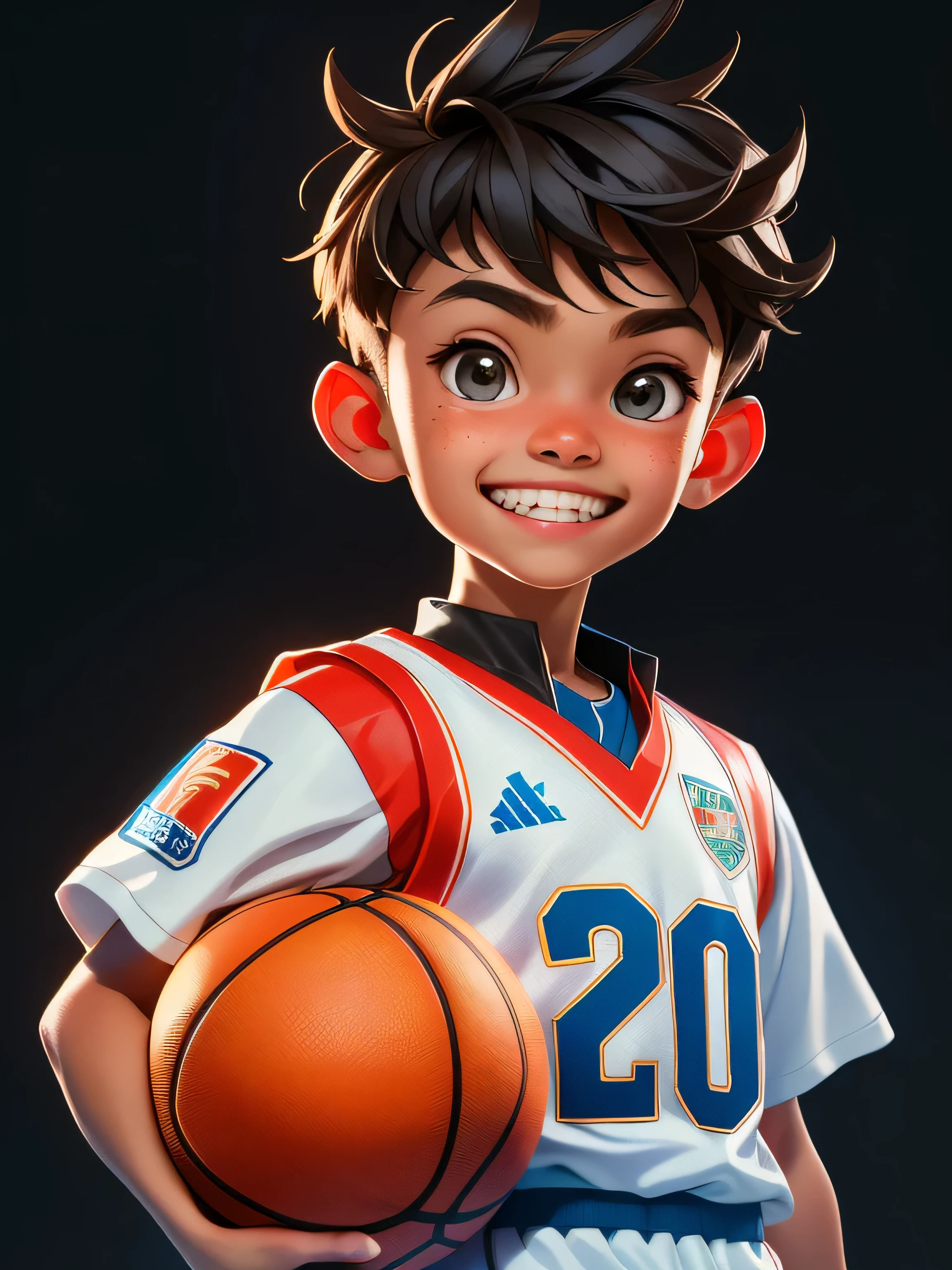 front facing, 10 year old boy，Air dunkasketball action , full portrait, Future-proof，tmasterpiece，HighestQuali，（（Photorealsitic：1.4））tmasterpiece，（tmasterpiece，Best quality at best）Five cute little boys，Wearing a red and white jersey，Black basketball shoeasketball ball，Elaborate Eyes，happy grin，clean backdrop，Delicate sheen，8K，C4D，rendering，illustratio，very delicate beautiful，highly detailed CG，8K wallpapers，astounding，finely detailled，Highly detailed CG Unity 8K wallpapers，hugefilesize，super detailing，超A high resolution，A high resolution，Very detailed，（（very detailed eyes and faces）)，Very delicate face， Perfect litthing，Facial light，Natural colors，（（10-year-old boy）），From the headlights,