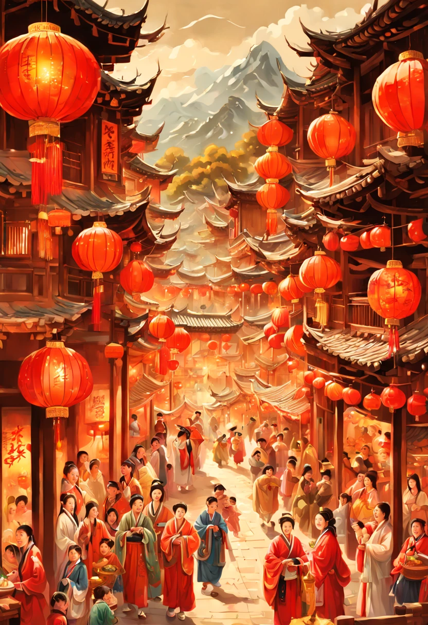 A beautifully illustrated Chinese New Year scroll painting depicting a lively festival scene in a traditional Asian village. Intricate details fill the image with red lanterns, firecrackers, lion dancers, drums, food stalls with steamers and woks, children playing with sparklers and toys. The foreground shows a family in hanfu celebrating together. The background contains traditional architecture, pine trees, and mountains. Digital painting in the style of classical Chinese brushwork.
