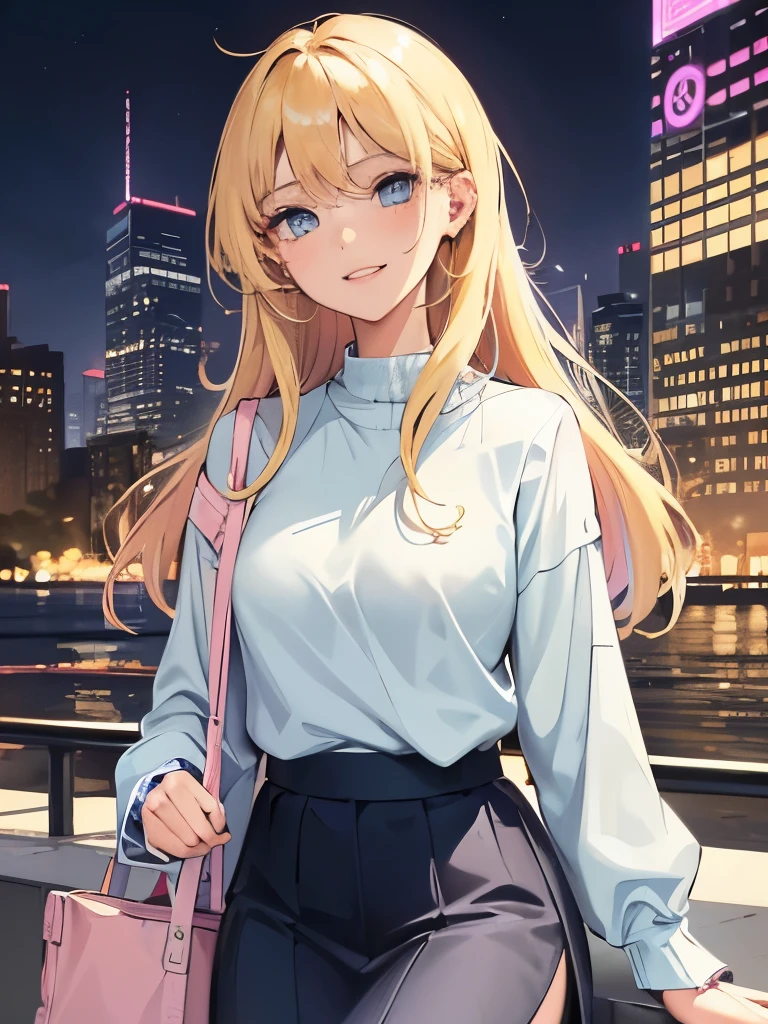 Girl, , woman, tall, light skin, blue eyes, blonde hair, preppy, city, night time, bright colours, pastel colours, straight hair, pink, yellow, blue, casual, lounging, curvy, flirty, confident, friendly, grinning, dress, skirt, ruffle, long hair, loose clothing, cozy clothing, cute, beautiful
