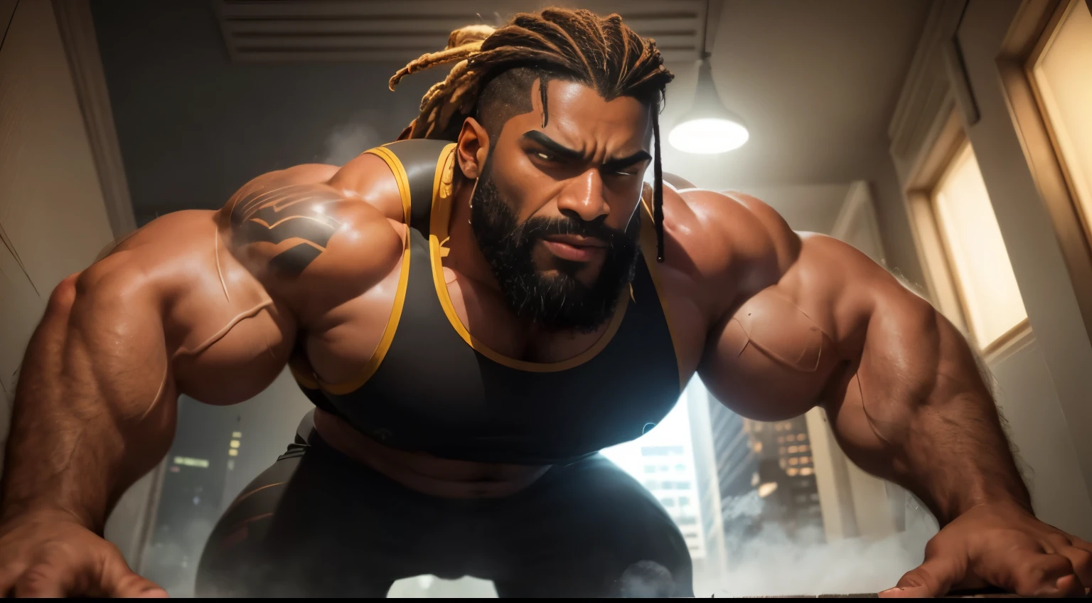 Giant black man, absurdly huge bulge, giant growing more and more, giantic, colossal, muscle domination, macrophilia, briefs, stubble, broad shoulders, thick lips, vascular, ((very dark skin)), (black skin), very sweaty, huge belly, thick thighs, very thick arms, large , smirk, tattoo, thug, blushing, veiny hands, photorealistic, anger, dreadlocks, short beard, looking at viewer, from below, steaming body, sweaty body , steam, on all fours on city, angry, angry expression, evil smile, crush buildings, Destroy city, smash everything