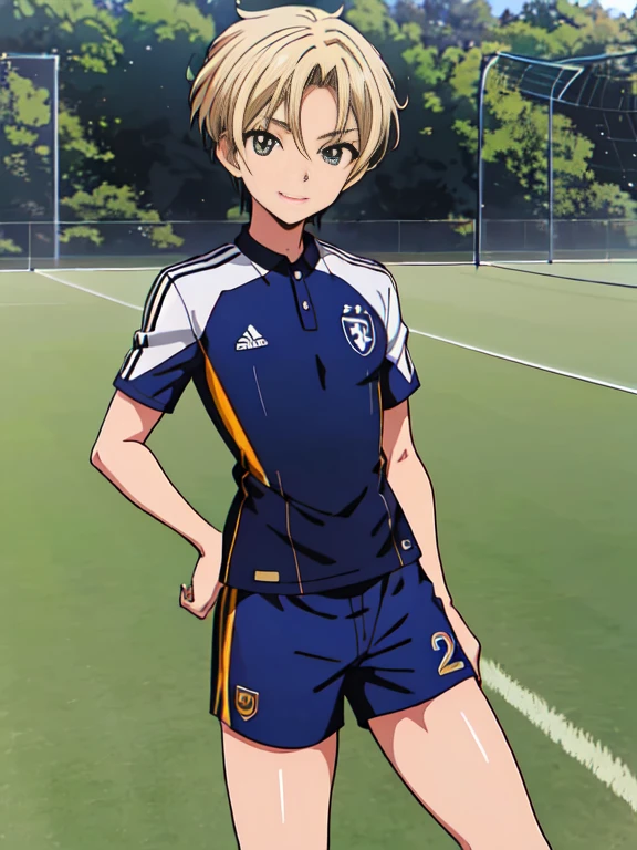 Official art,anime screen cap、superfine illustration、 hight resolution, masutepiece, best qualtiy,Best Quality,hightquality, detaileds, (A little boy),12 years old, A young ace striker male idol with a super cute face,A boy as beautiful as Planding, Cool handsome face with smile, soccer spike, Long legs, thighs thighs thighs thighs, Foots, Bulge, (blonde hair、short-haired:1.4)、 Shiny hair, (tight shiny soccer uniform suit), (tight soccer shorts), tussock, Cool pose, (厚いthighs thighs thighs thighs、big butts:1.2)、(((soccer field in the park)))、((cocky、))、Smirk、showing butt、Ultra-fine painting, (Best Quality, 4K, 8K, hight resolution, masutepiece:1.2)