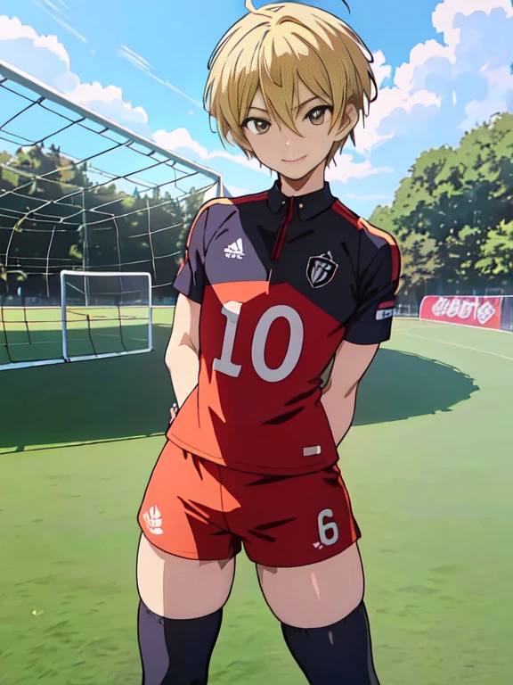 Official art,anime screen cap、superfine illustration、 hight resolution, masutepiece, best qualtiy,Best Quality,hightquality, detaileds,  (A **********),************, A young ace striker male idol with a super cute face,A boy as beautiful as Planding, Cool handsome face with smile, soccer spike, Long legs, thighs thighs thighs thighs, Foots, Bulge, (blonde  hair、short-haired:1.4)、 Shiny hair,  (tight shiny soccer uniform suit), (tight soccer shorts),  tussock, Cool pose, (厚いthighs thighs thighs thighs、big butts:1.2)、(((soccer field in the park)))、((cocky、))、Smirk、showing butt、Ultra-fine painting, (Best Quality, 4K, 8K, hight resolution, masutepiece:1.2)