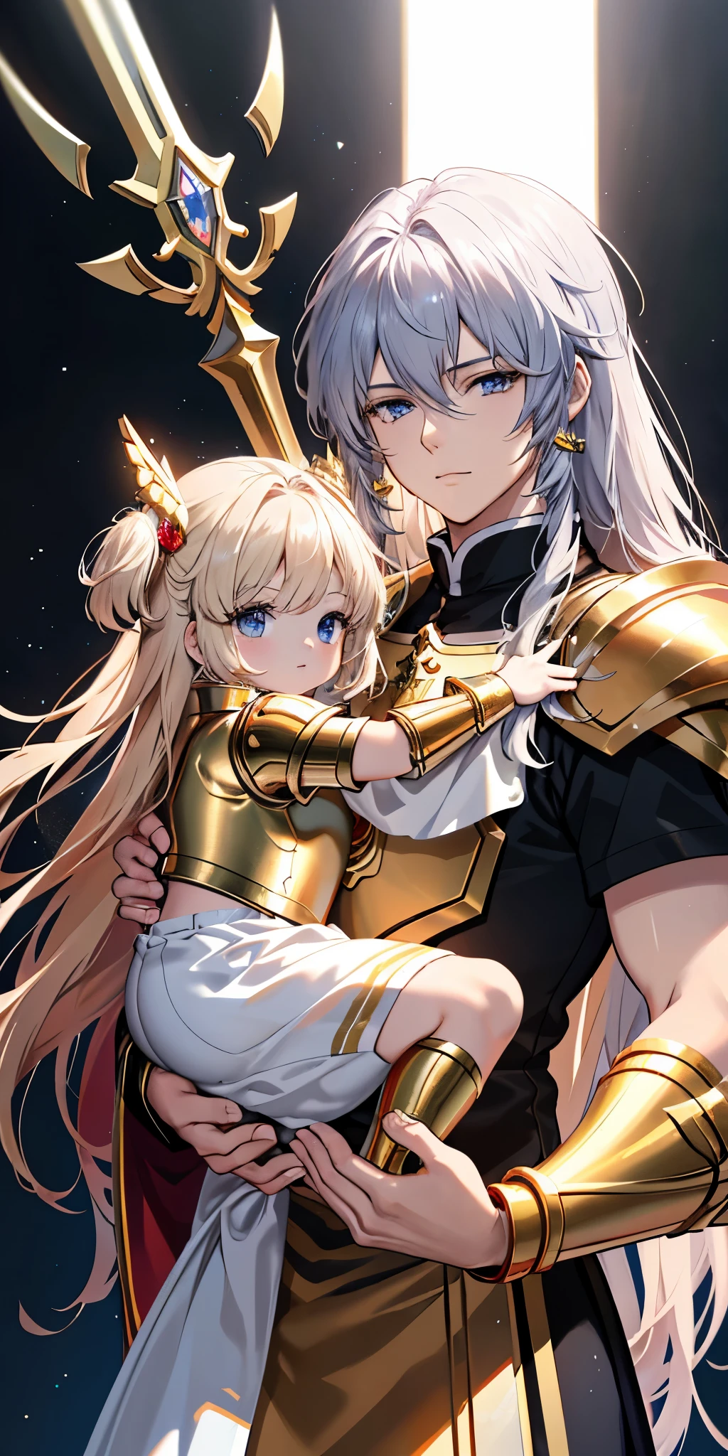Close-up of a man wearing golden armor holding a baby, unreal engine render Saint Seiya, Ruan Jia and Artgerm, Liu Xingchi and artgerm, Saint Seiya, gold paladin, Very detailed ArtGerm, Inspired by Huang Shen,high quality,8k,Houyi，Glory to Kings