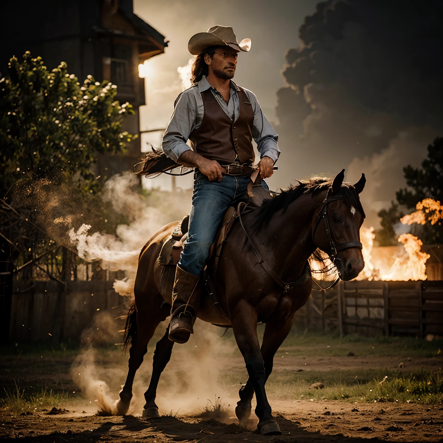 Cowboy  riding horse while using dual revolver gun while shooting