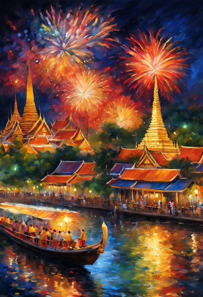 midnight fireworks over (Bangkok river), lively street celebrations, traditional garments, (vibrant colors:1.5, high detail:1.5), (impressionist art style:1.2).