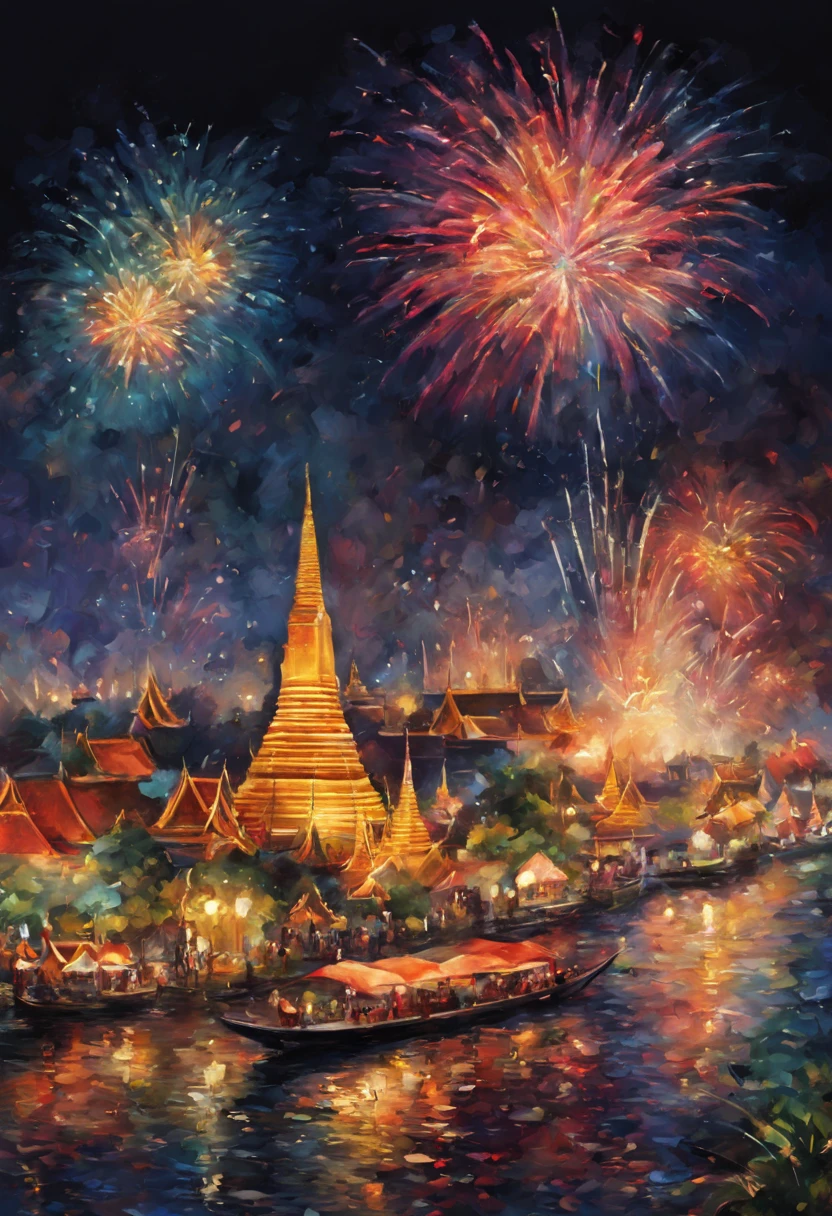 midnight fireworks over (Bangkok river), lively street celebrations, traditional garments, (vibrant colors:1.5, high detail:1.5), (impressionist art style:1.2).