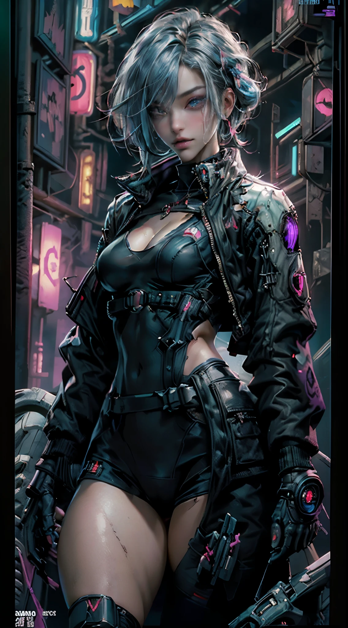 8K, Best Quality, Masterpiece, Ultra High Resolution, ((cyberpunk magazine cover:1.4)), 1A Cyberpunk Girl wearing Harajuku tech jacket with corporate logos, sexy skintight body suit, insane details, full body shot, Beautiful Eyes and Face Details, Masterpiece magazine cover, Best Quality cyberpunk magazine cover, Master Work, Excellent Details, High Quality Painting Details, Breath-Breathing, Absolute Beauty, Slender Neck, Long Eyelashes, Sweet Eyes, Dynamic Angle Problem Extreme Picture Quality, Glossy Lips, Supple Fair and Translucent Skin, Rich Details, Bright Colors, Strong Contrast, Soft Light Effects, Clear Outline, Streamlined, sparkling eyes, perfect body proportions, slender waist, large breasts, cleavage.