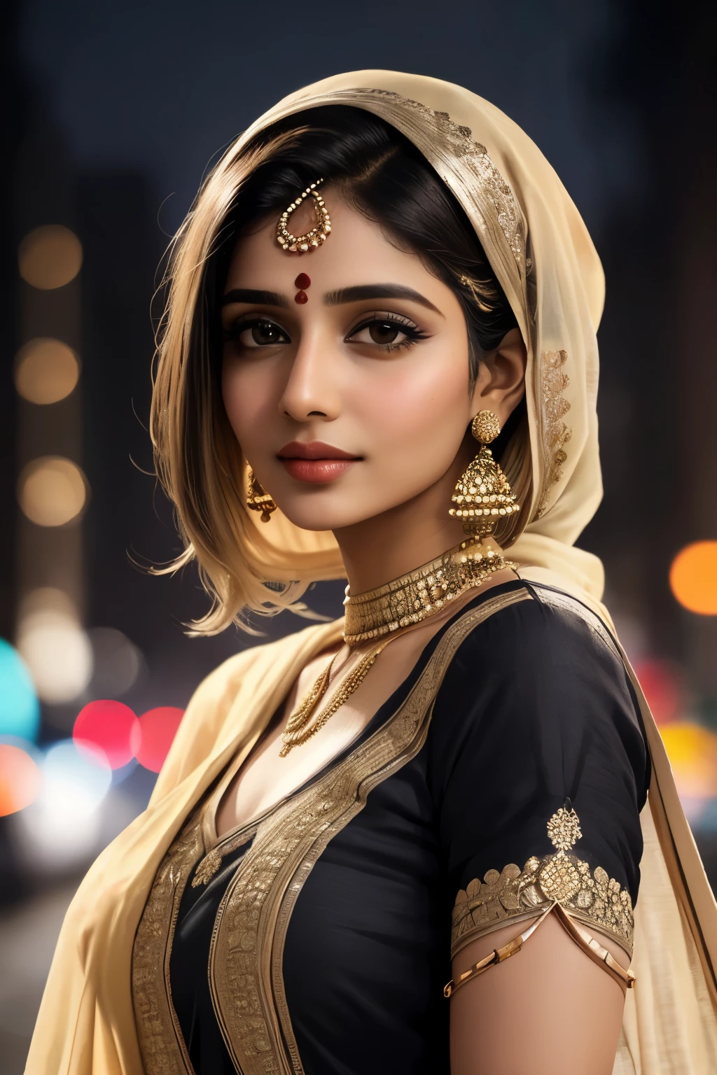 (((desi girl))),sexy face, natural skin, wearing hot deep neck top and dupatta, charming black hair, ((hair ends are blonde)), city streets background, bokeh
((best quality)), ((masterpiece)), (detailed), perfect face