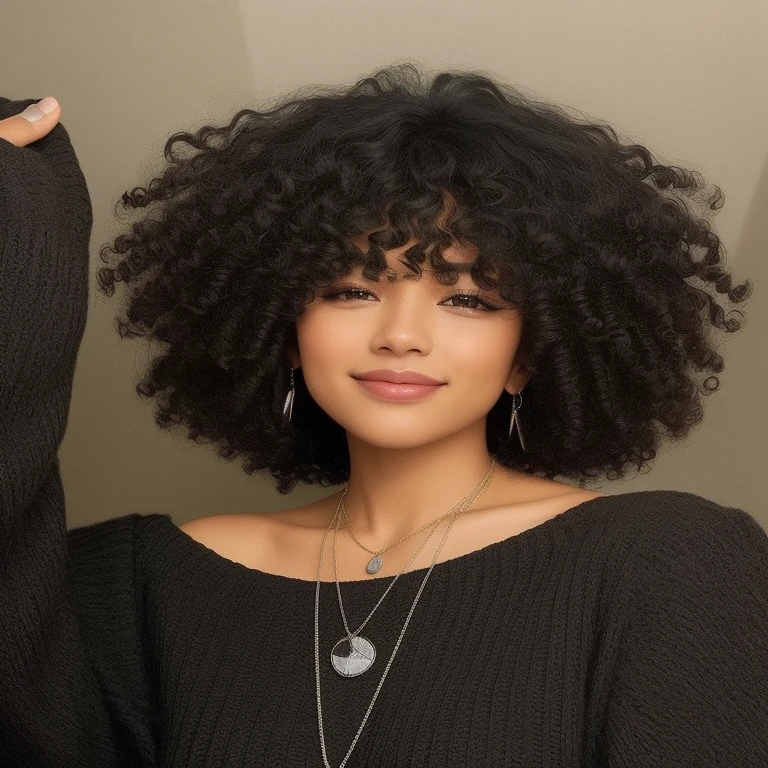 there is a woman in a black sweater and a necklace holding a cell phone, encaracolado bangs, encaracolado afro, dark short encaracolado hair smiling, black encaracolado hair, encaracolado haired, com afro, (dark shorter encaracolado hair), short black encaracolado hair, cabelo afro, cabelos naturais, messy encaracolado hair, encaracolado hair, encaracolado black hair, encaracolado, encaracolado middle part haircut