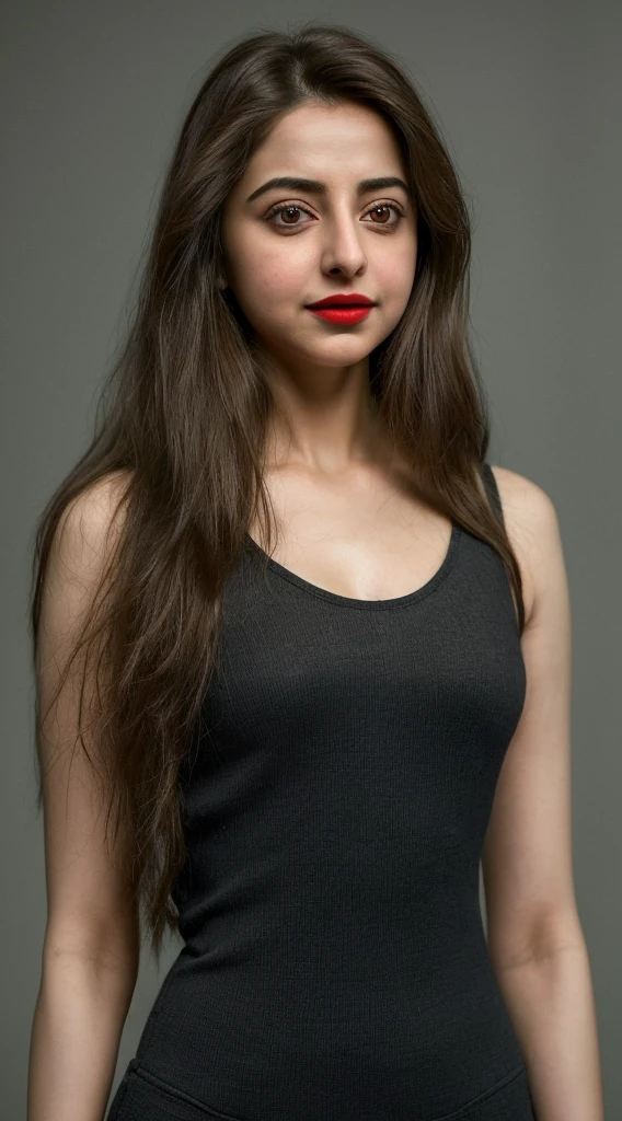 a woman with long hair and a red lipstick, 25 years old, petite body, rakul preet singh-daniela bobadilla-katherine langford-natalia dyer-anushka sharma-danielle galligan-shailene woodley-kathryn newton-tanya reynolds-millie brady-anya chalotra-greta gerwig merged, entire body visible, full body, hyperrealistic, best quality, 8K, real human skin, masterpiece, extremely intricate, medium closeup, detailed eyes, detailed face, detailed body, exaggerated features, pronounced features