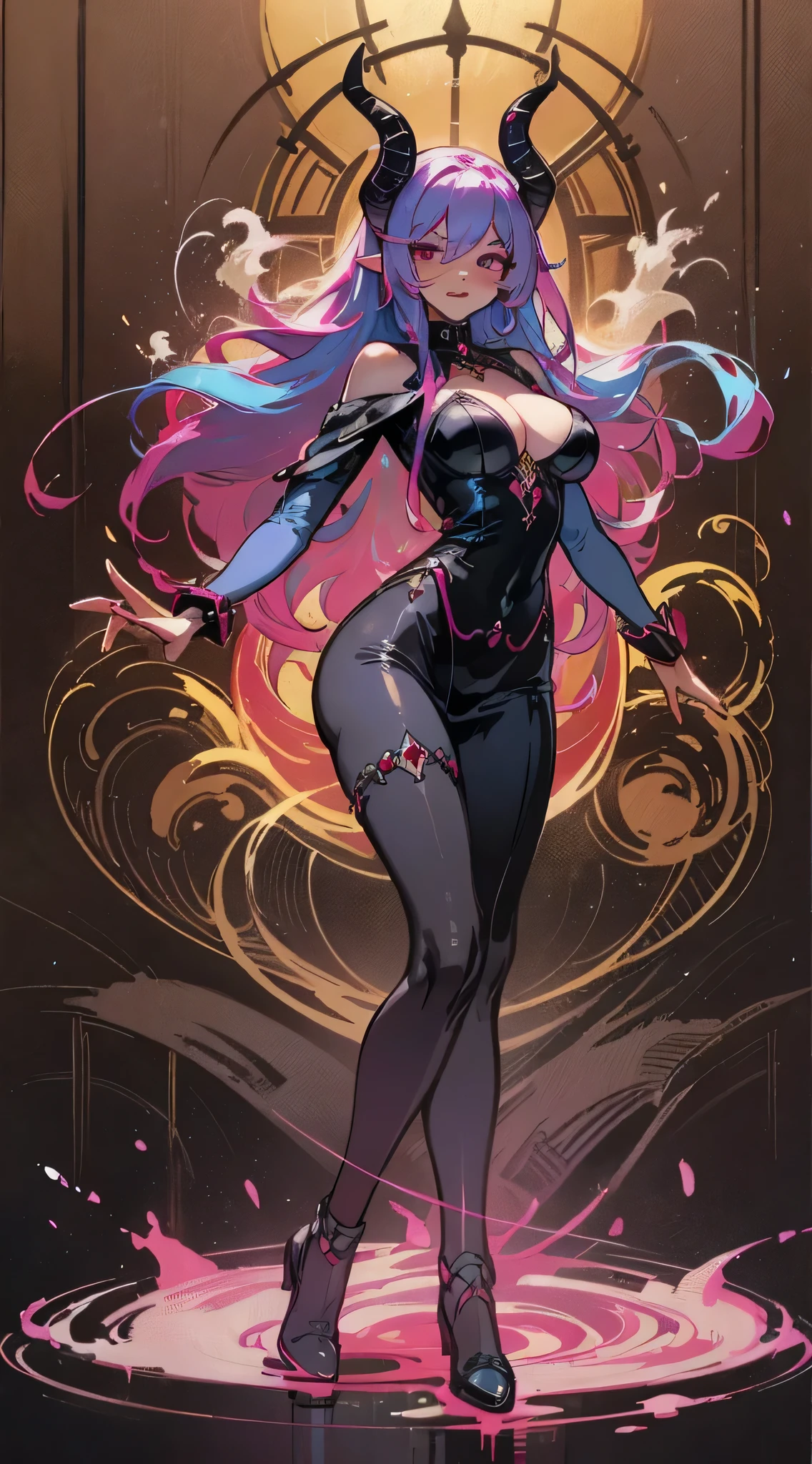 Beautiful full body photograph of perfect ((demonic Succubus)), slender body, ((big heavy breasts)), shapeless long hair, tiny horns, (wearing revealing gothic outfit), perfect features, abstract beauty, near perfection, pure form, ((dynamic pose)), ethereal demonic background, ((dark shadows)), ((rim lighting)), concept art by Greg Rutkowski and John William Waterhouse and Alphonse Mucha, stunning details, intricate details, 8k post-production, High resolution, super details, trending on ArtStation, sharp focus, depth of field f/1.8, studio photo.