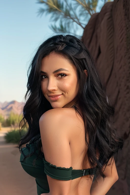 mature female, 22 year old, black hair, latinawoman, multiple views, zoom out, happy, cute, cool, flirty look, realistic hair, green eyes, show ass, sexy pose, medium build, Big ass, sexy clothing, open clothes, masterpiece,ultra high res, (photorealistic:1.4), raw photo, ultra realistic, detailed background,refined, detailed, realistic face, detailed face, realistic skin,(RAW photo, best quality), extremely detailed, CG, unity, Amazing, finely detail, light smile, extremely detailed CG unity 8k wallpaper, huge filesize, ultra-detailed, highres, absurdres, soft light, arizona, Bull ring, snake bites, industrial piercing, Defined Jaw, and Latina eyes, pheonix, unqiue, abudant lighting, Backdrop is papago park in phoenix arizona