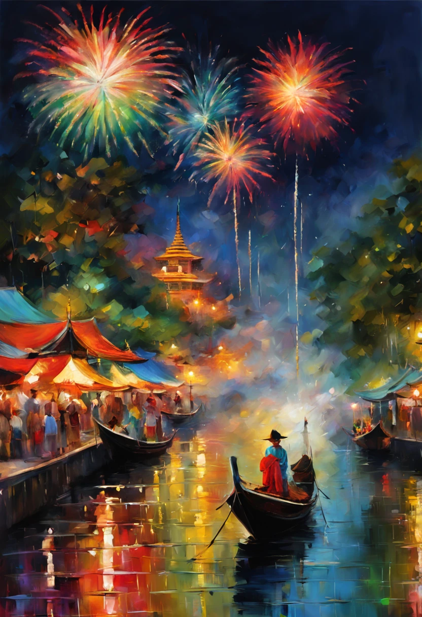 midnight fireworks over (Bangkok river), lively street celebrations, traditional garments, (vibrant colors:1.5, high detail:1.5), (impressionist art style:1.2).