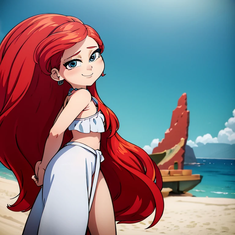 Red hair girl, long hair, blue eyes, smile, white maxi dress, bare shoulders, cowboy shot, arms behind back, walking on the beach, bare feet, beach sand, ocean, best quality, Masterpiece, anime style.