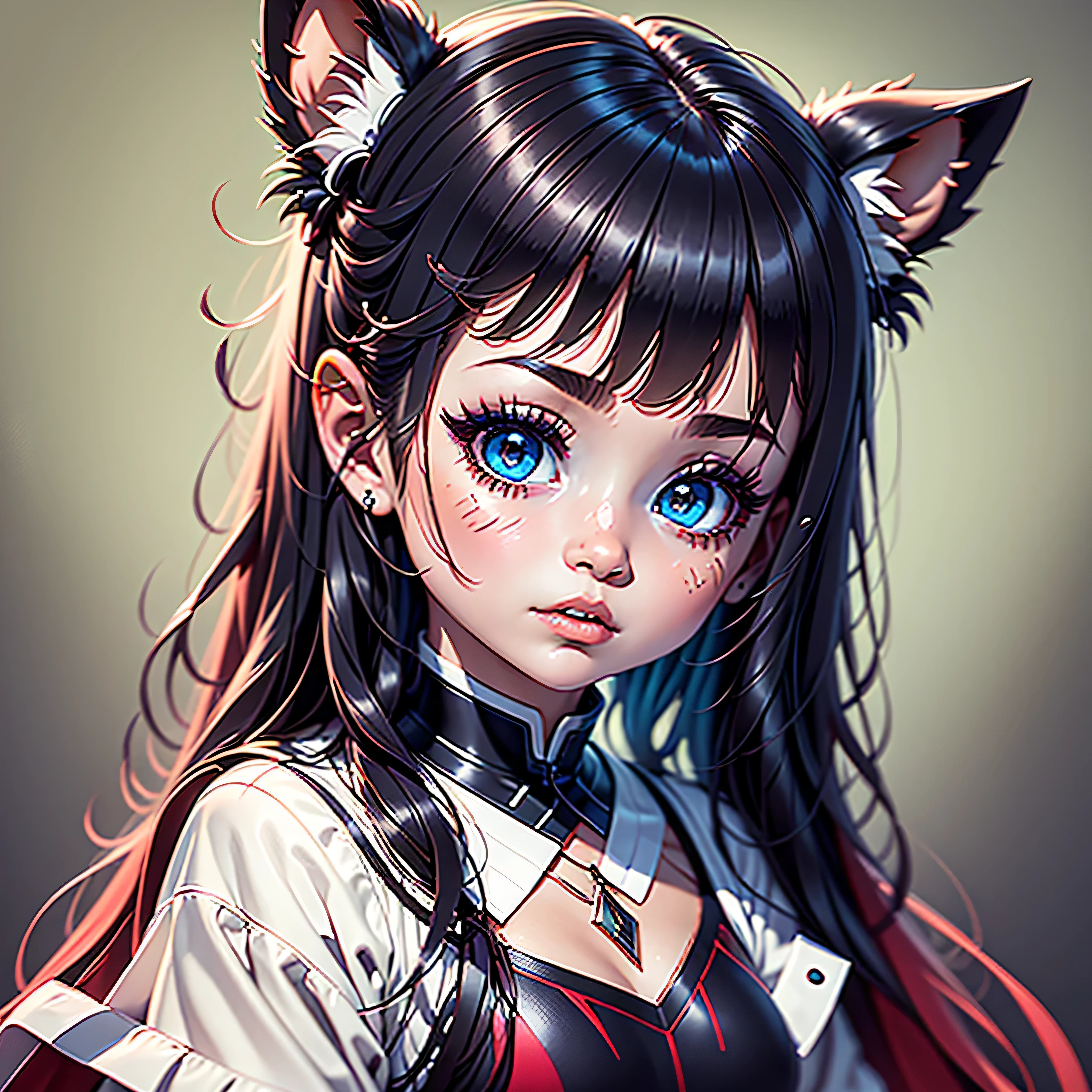 ((独奏)), portraite of a, a closeup of a, Wide angle, foto realista, 真实感, Ultra Quality 16K, gals, Vampire Princess, ((child face)), Beautiful baby face, Lush hairstyle, black  hair, red strands of hair, Bright eye makeup, makeup: Arrows in front of our eyes