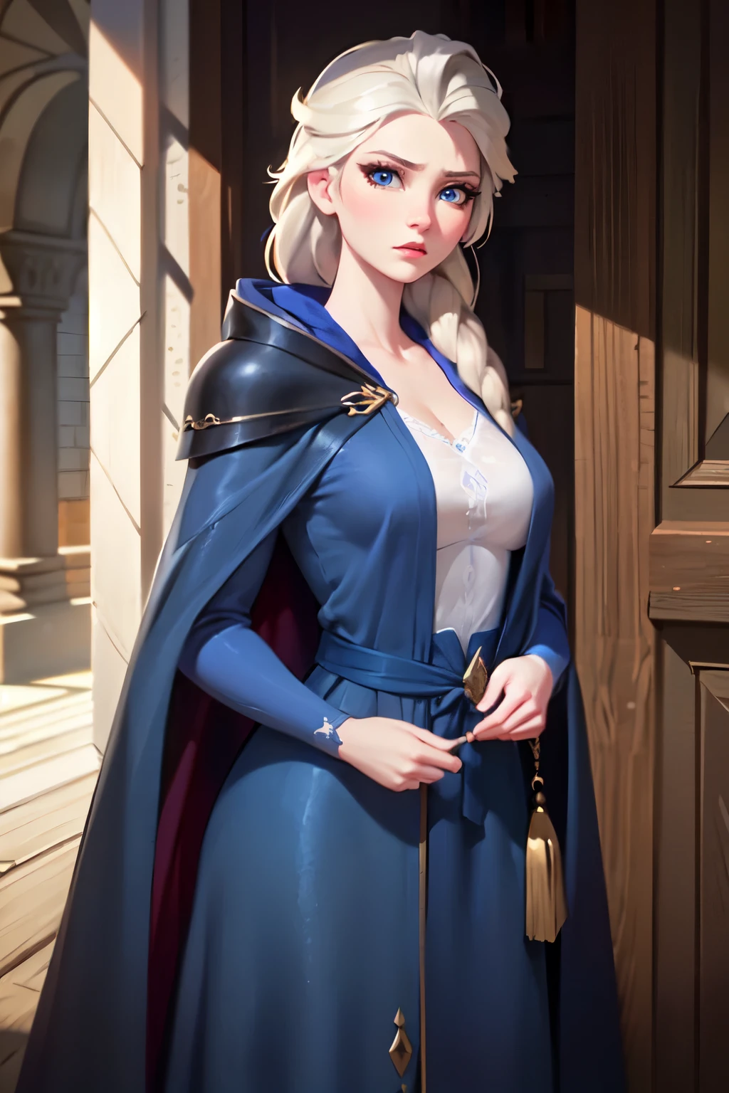 (4k,8k,best quality, masterpiece:1.2), perfect face, perfect nose, detailed hair, detailed eyes, detailed lips, cowboy shot, realistic colors, studio lightning, (blonde hair, blue eyes, glowing eyes), small mouth, looking at viewer, glare, disdain, ((blue cloak, blue robe, blue mantle, blue dress, mage, clothes on)), mage tower, sfw, (22-years-old), elsa, big breast, mature woman, furrowed brows